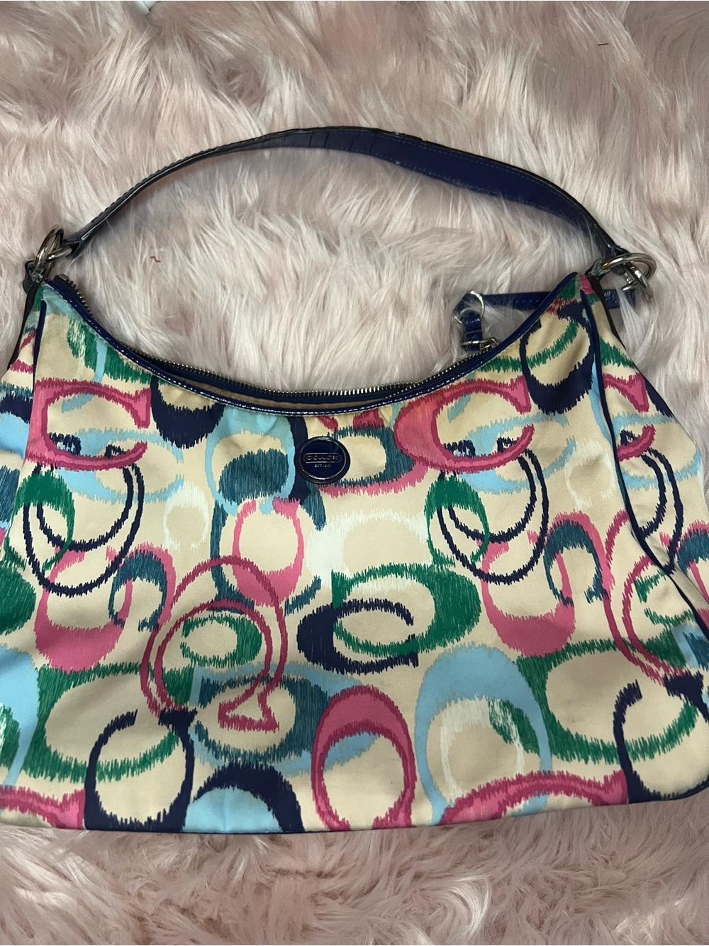 2013 Coach Multicolor Circle-Print Shoulder Bag with Navy Trim